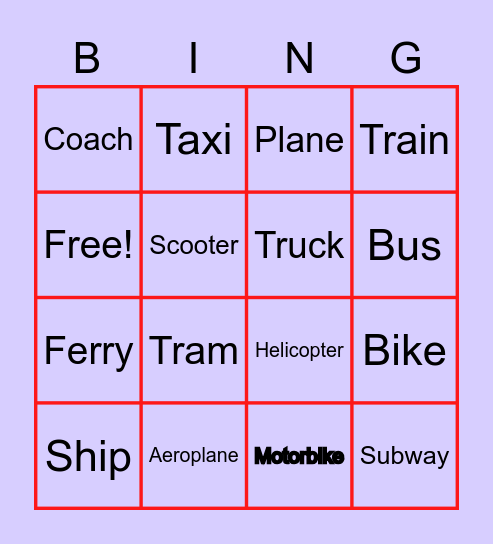 Transport Bingo Card