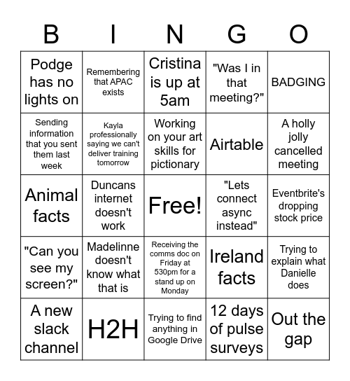 Q&E Bingo Card