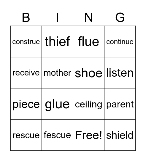 ue words Bingo Card