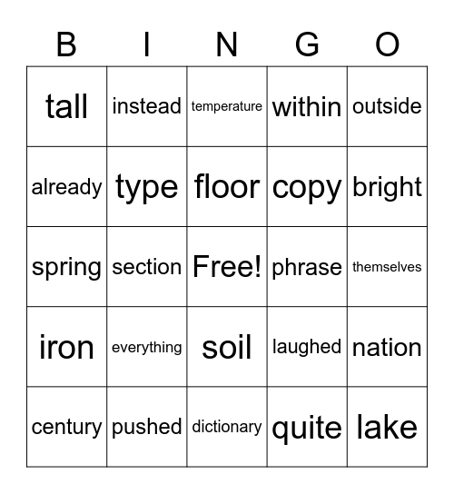 7th Hundred Fry Words Bingo Card