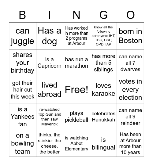 Arbour Bingo Card