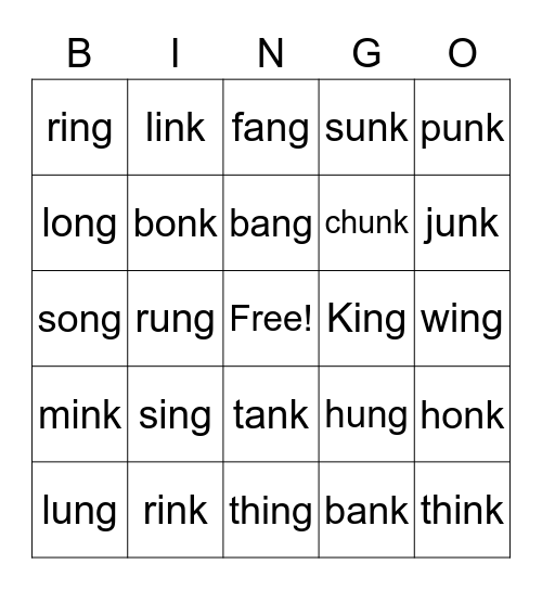 -ng and -nk endings Bingo Card