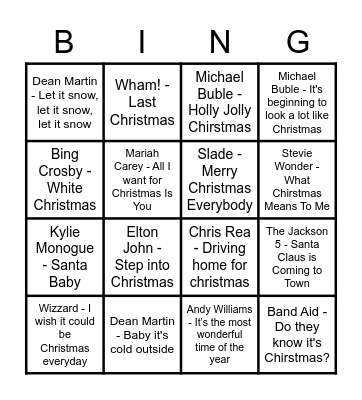 Christmas Song Bingo Card
