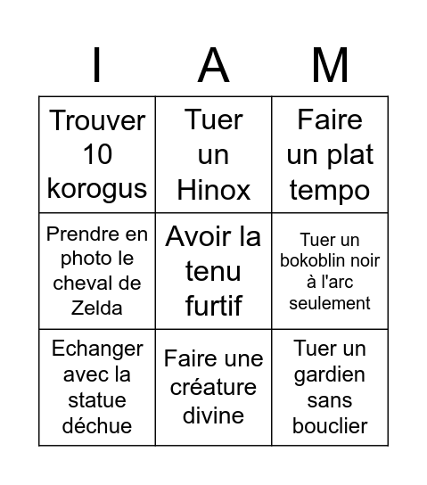 Zelda botw Bingo Card