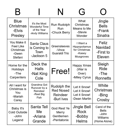 SO Holiday Music Bingo Card