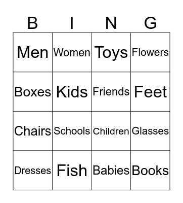 Plural Nouns Bingo Card