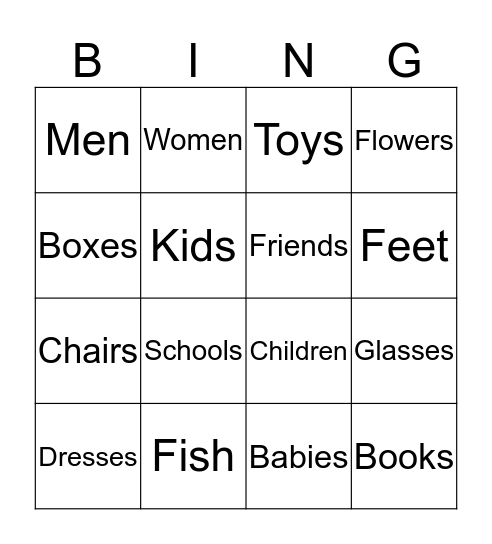 Plural Nouns Bingo Card