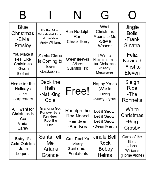 SO Holiday Music Bingo Card