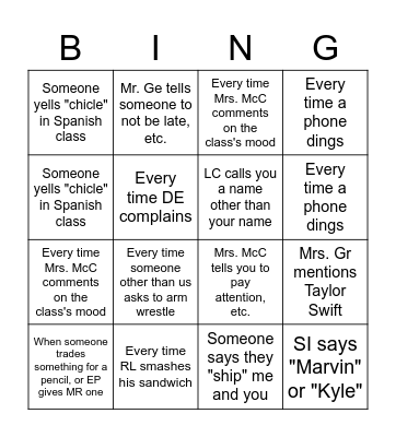 School Bingo Card