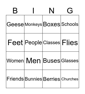 Plural Nouns Bingo Card