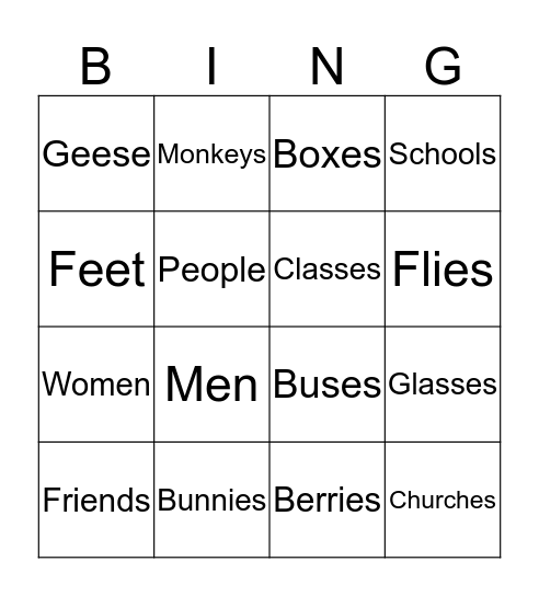 Plural Nouns Bingo Card