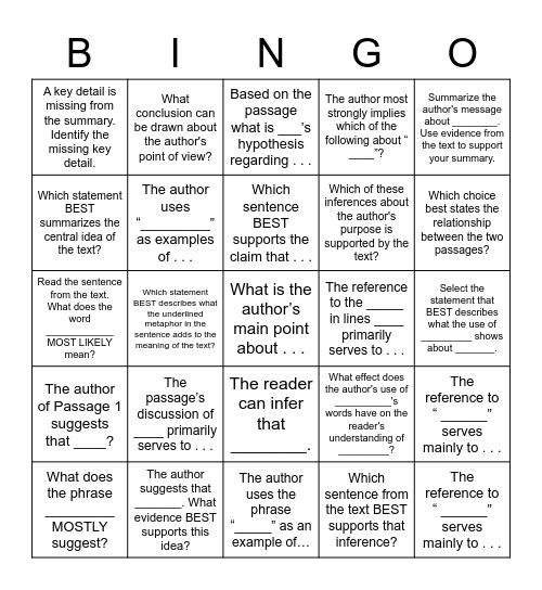 Sentence Stem Bingo Card