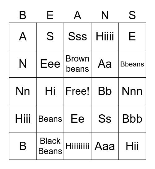 Beans Bingo Card