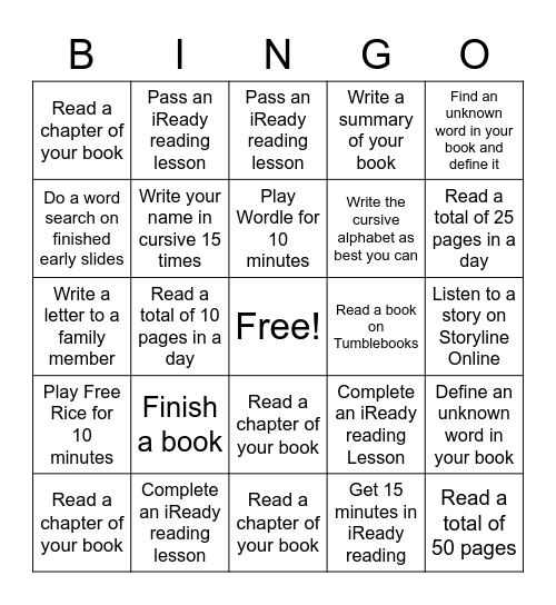 Winter Break Reading Choice Board Bingo Card
