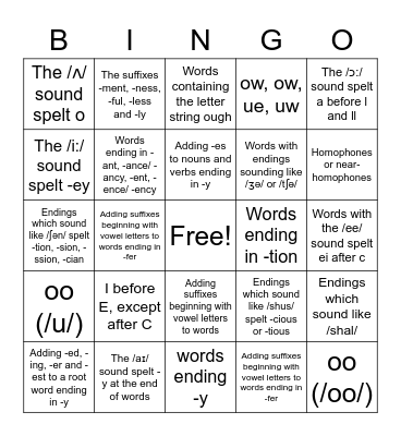 Spelling Rules Bingo Card