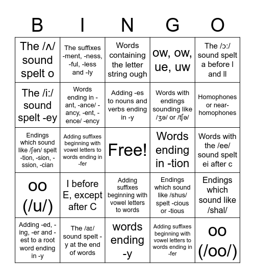 Spelling Rules Bingo Card