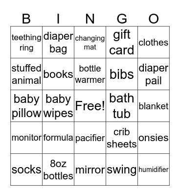 Karrington's Shower Bingo Card