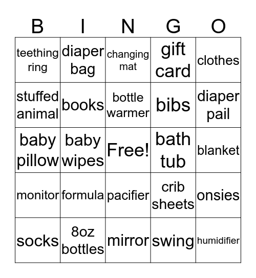 Karrington's Shower Bingo Card