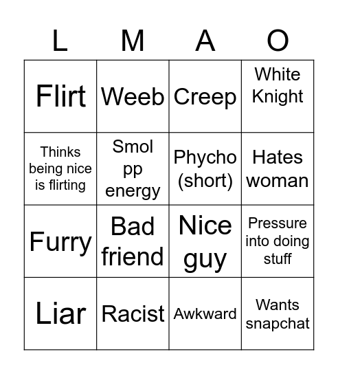 The nice guy bingo Card