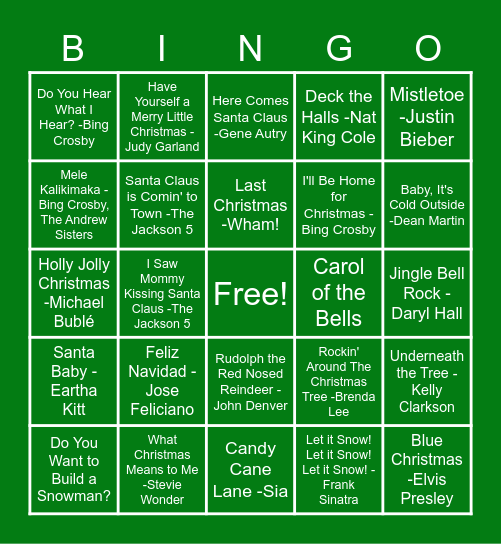 Holiday Song Bingo! Bingo Card