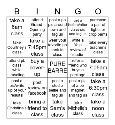 Pure Barre Bingo Card