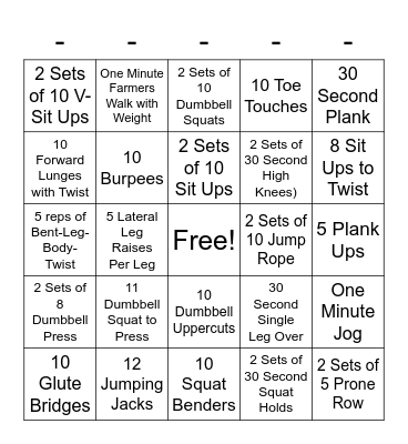 Fitness Exercises Bingo Card
