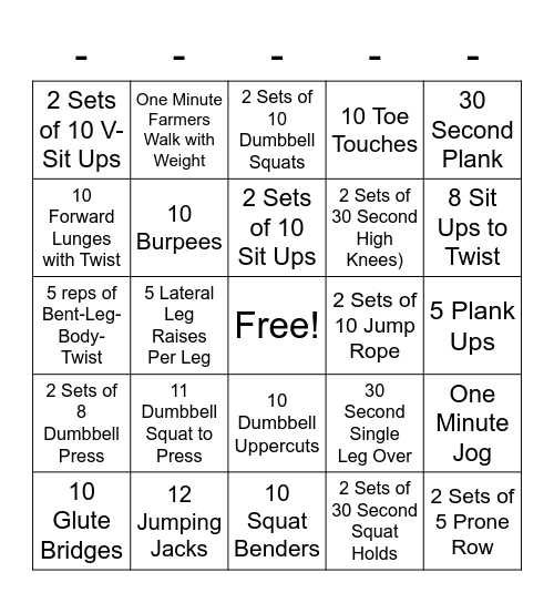 Fitness Exercises Bingo Card