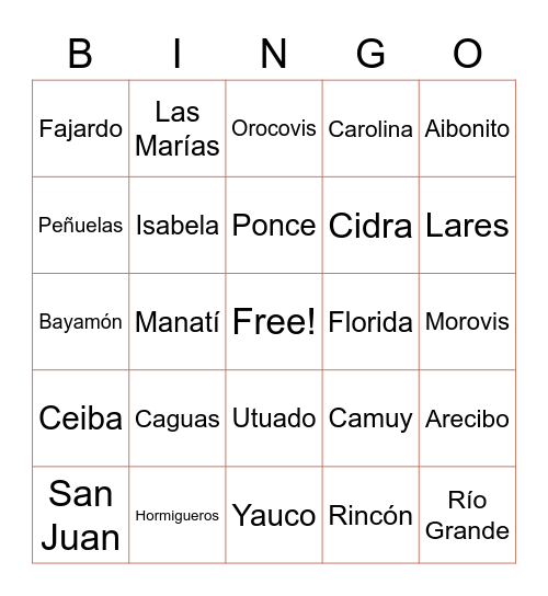 Puerto Rico Bingo Card