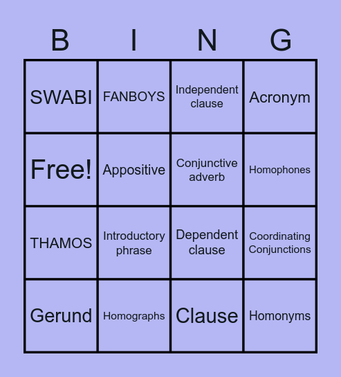 Grammar Final Bingo Card