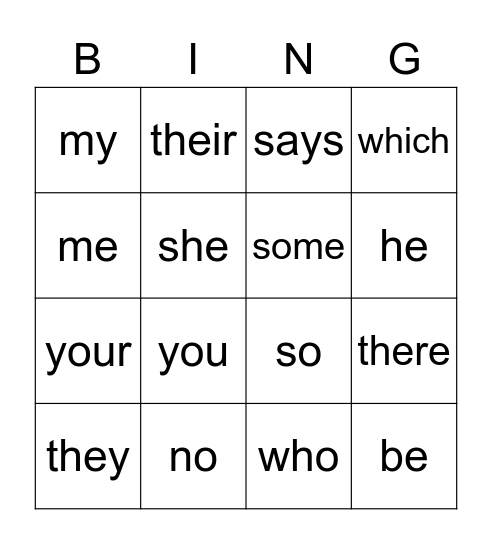Tricky Word Bingo Card