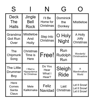 Holiday Singo Bingo Card