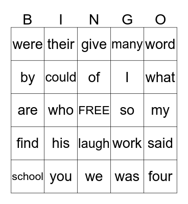 Sight words Bingo Card