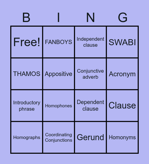 Grammar Final Bingo Card