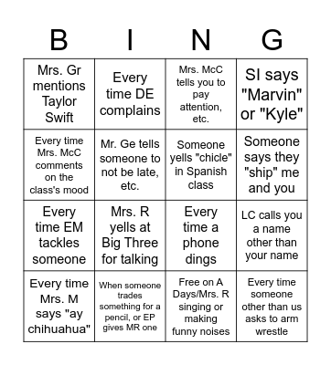 School Bingo 2.0 Bingo Card
