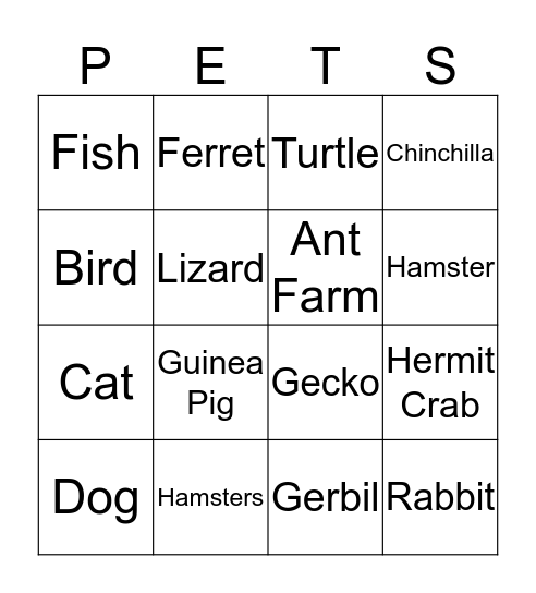 Our Pets Bingo Card