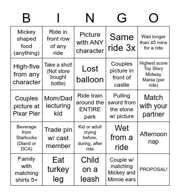 Disneyland/California Adventure 2022 Bingo Card