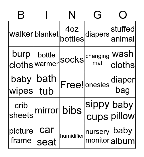 Karrington's Shower Bingo Card