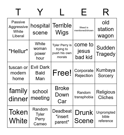 Average Tyler Perry Movie Bingo Card