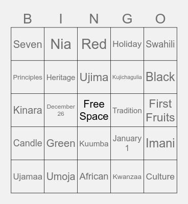 Kwanzaa Bingo Card