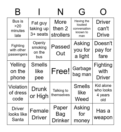 Winnipeg Transit Bingo Card