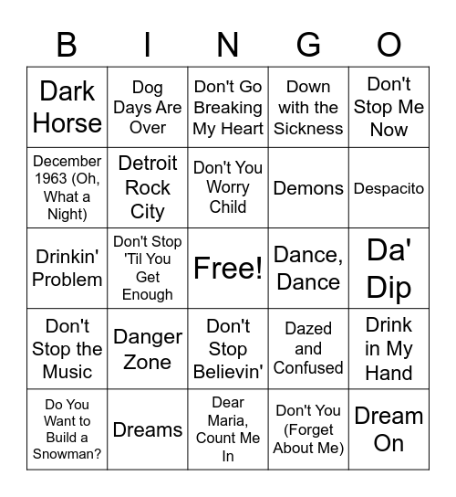 Songs that Start with D Bingo Card
