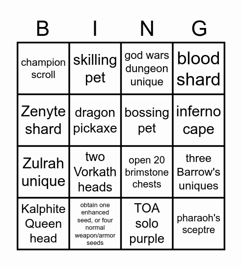 RuneScape Bingo Card