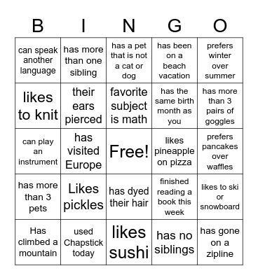 Get To know You Bingo Card