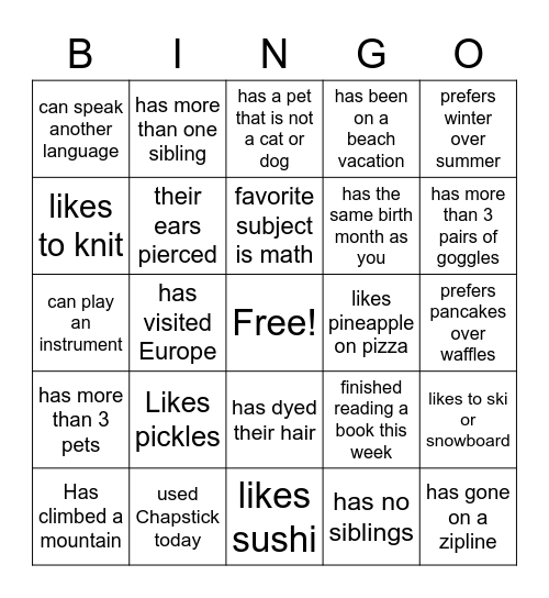 Get To know You Bingo Card