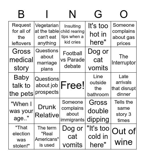 Thanksgiving Dysfunctional Family Bingo! Bingo Card