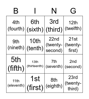 英文序數 Bingo Card
