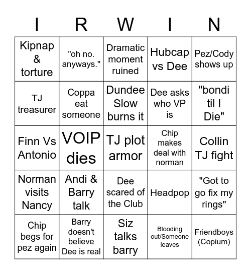 Dundee Return weekend Bingo Card