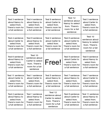 Nancy and Carter Bingo Test Bingo Card