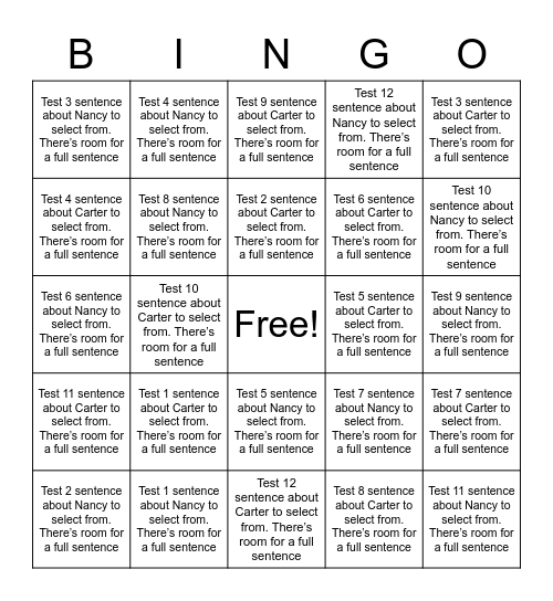 Nancy and Carter Bingo Test Bingo Card