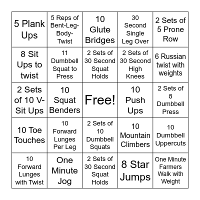 Fitness Bingo Card